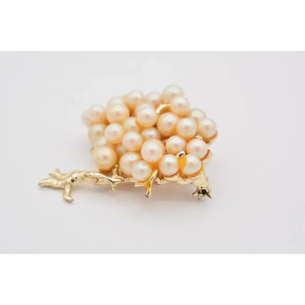 Vintage Tree Pin Brooch Faux Pearl Cluster Gold Tone Chunky Heavy 1980s BinAT